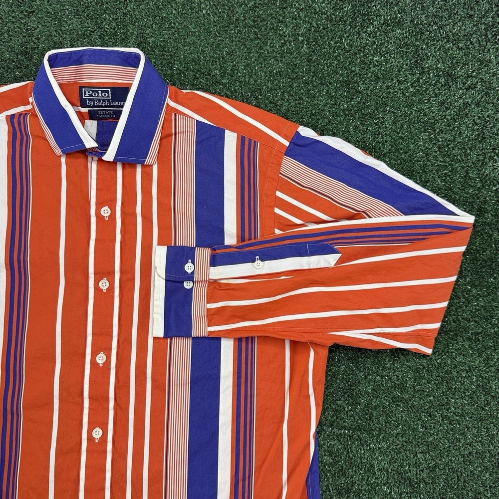 Vintage Y2K Polo Ralph Lauren Shirt Men's Button Striped Blue Orange Size Medium